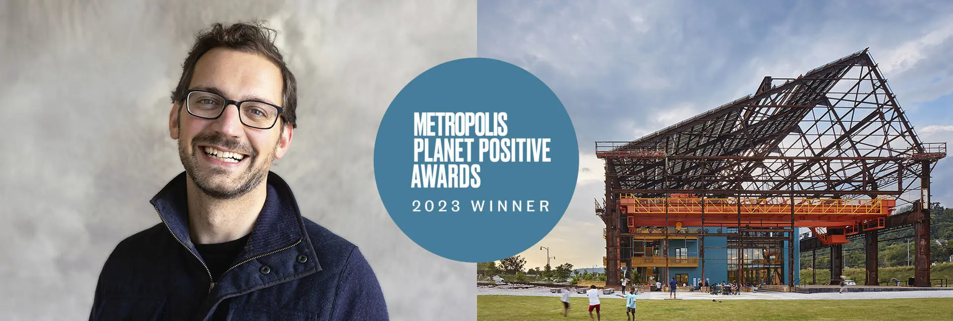 A headshot of Chris Wingate and an exterior shot of RIDC Mill19. A circle with the words Metropolis Planet Positive Awards 2023 winner overlays both images.