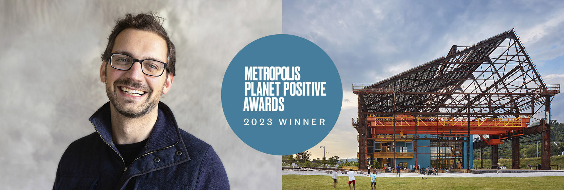 A headshot of Chris Wingate and an exterior shot of RIDC Mill19. A circle with the words Metropolis Planet Positive Awards 2023 winner overlays both images.