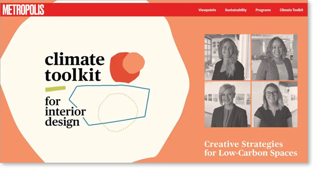 Illustration of geometric shapes and the words Metropolis Climate Toolkit for interior designers: Creative Strategies for Low-Carbon Spaces, and photos of four MSR staff members.