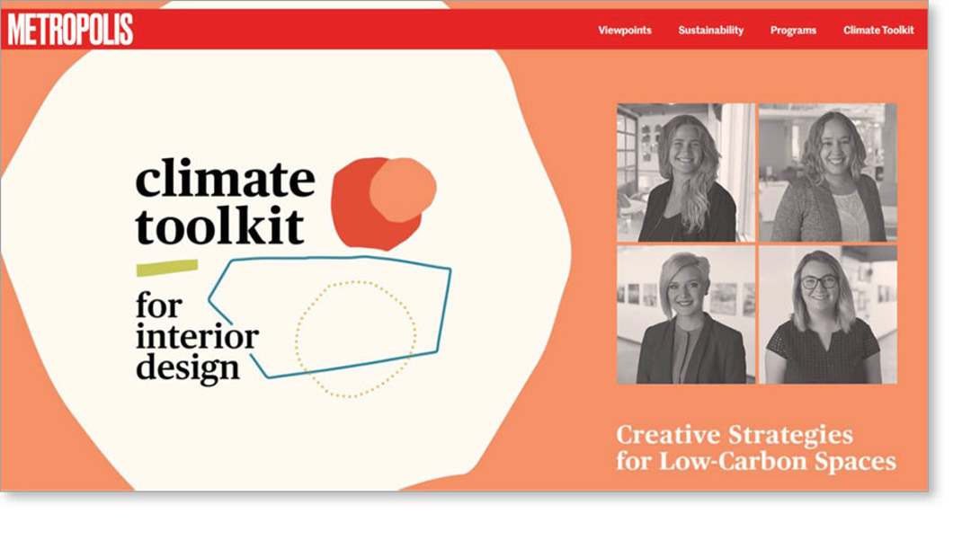 Illustration of geometric shapes and the words Metropolis Climate Toolkit for interior designers: Creative Strategies for Low-Carbon Spaces, and photos of four MSR staff members.