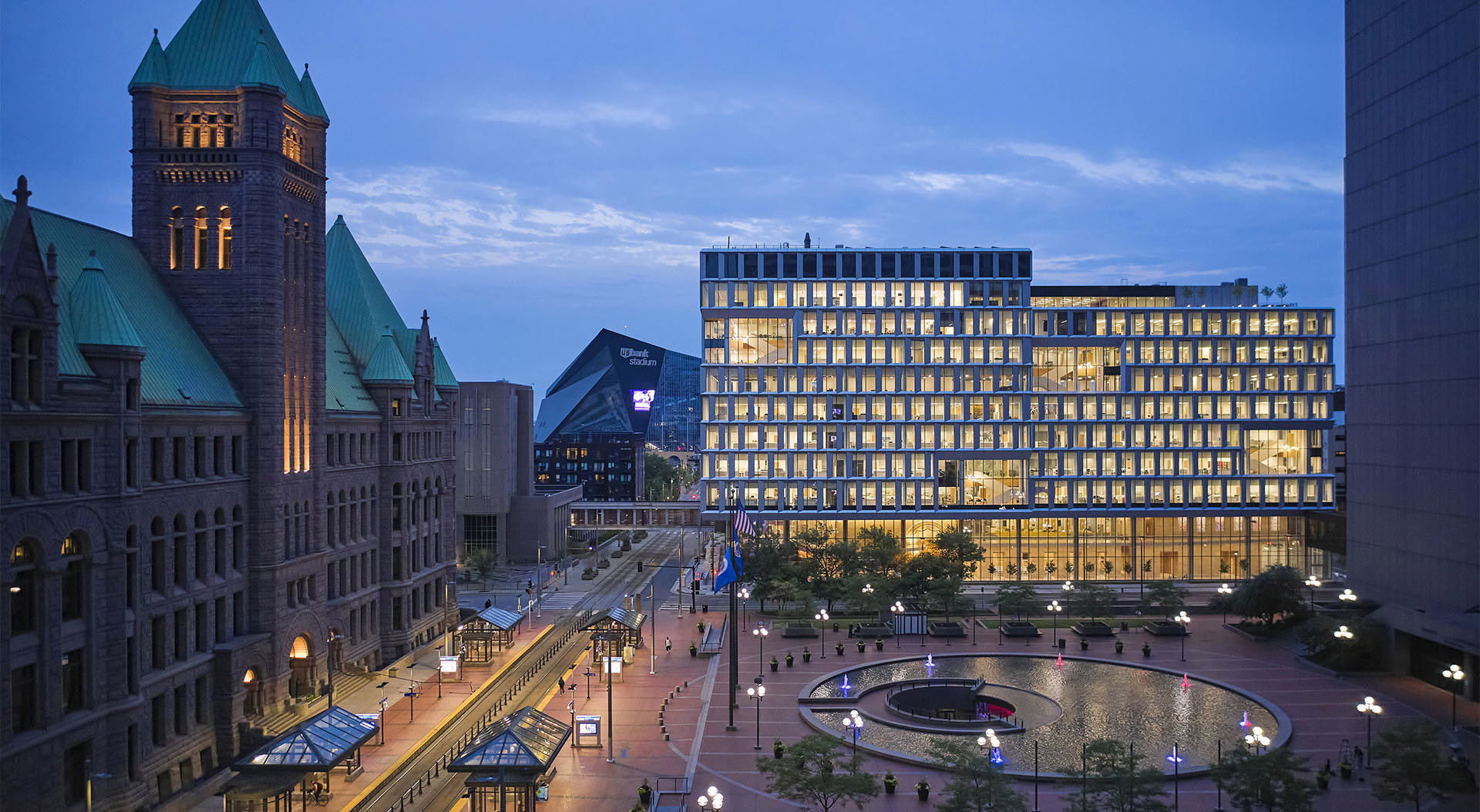 A photo at dusk of the City of Minneapolis Public Service Building